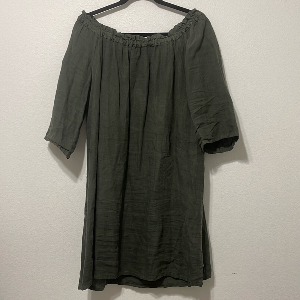 Allen Allen Linen Off Shoulder Olive Green Midi Dress Size XL PTP 23” EUC